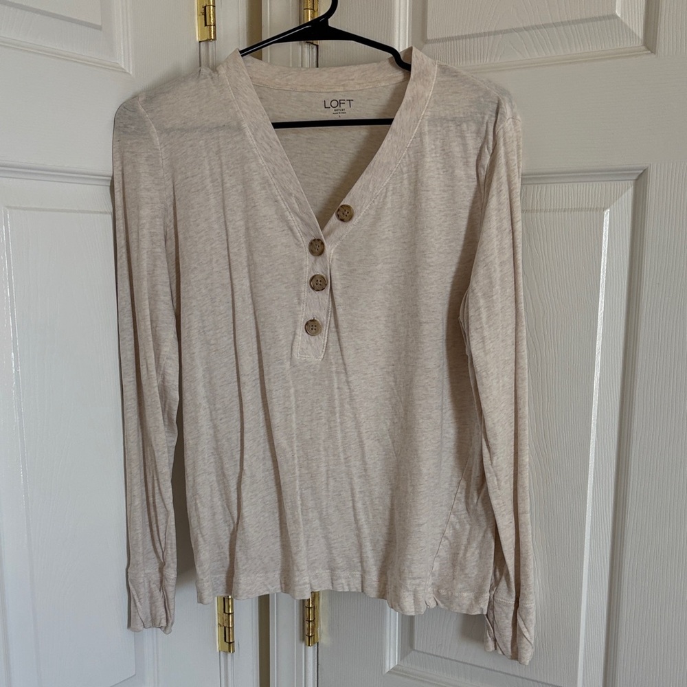 LOFT Beige V-Neck Top with Wooden Buttons